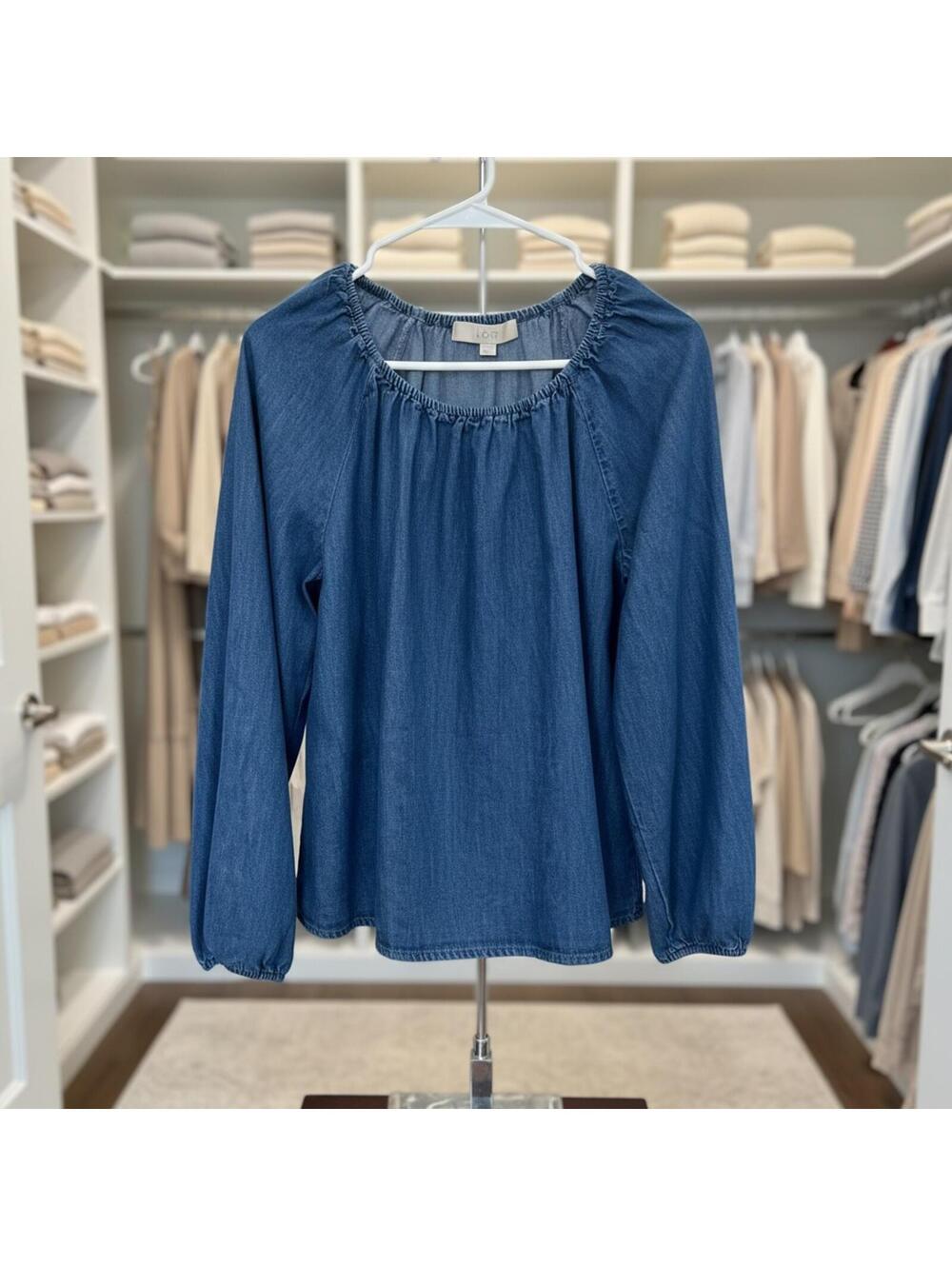 Loft Stylish Denim Top Loose Fit Elastic Neckline L/S Size S